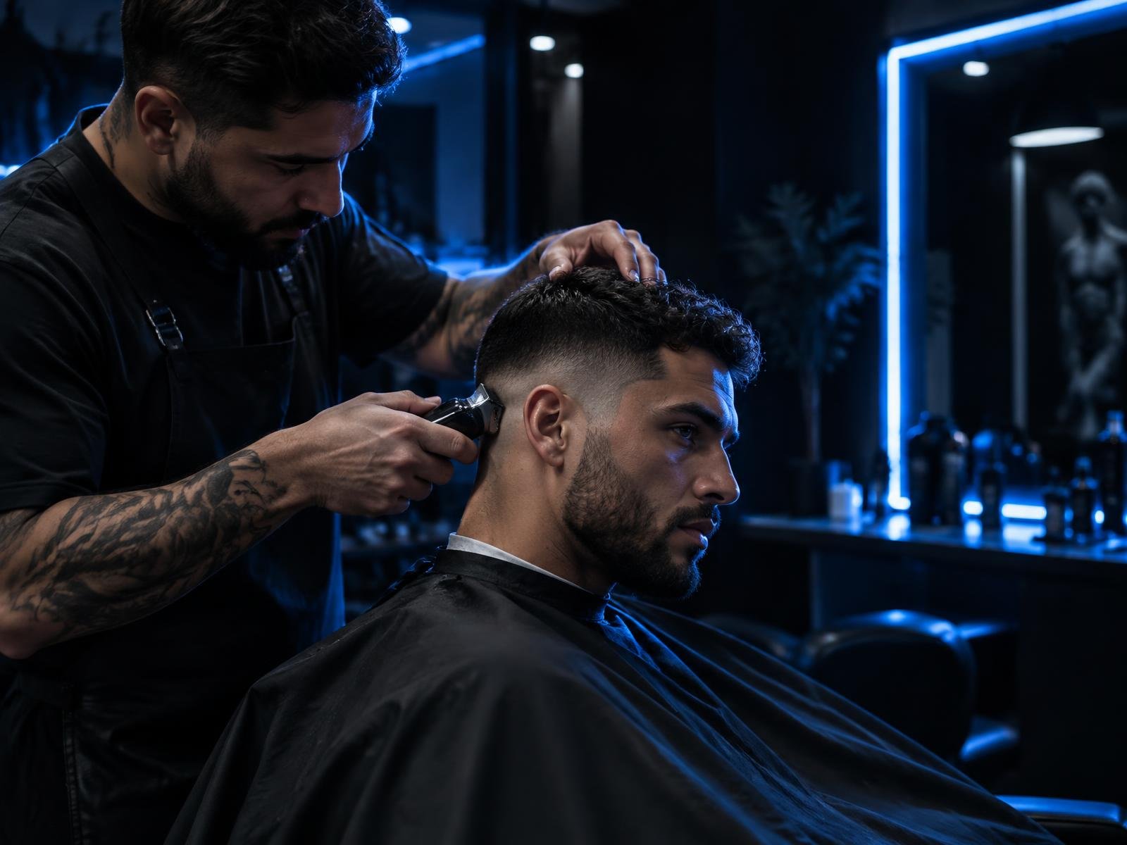 Barbeiro da Barbearia Hype finalizando um degradê masculino em ambiente moderno